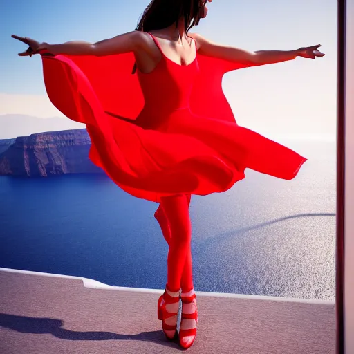 Image similar to beautiful modern dancer wearing a red, yellow, blue swirling dress, standing on a Santorini terrace looking down into the ocean, trending on artstation, cinematic, photorealistic