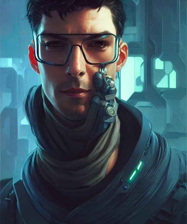 Image similar to Hacker cyberpunk man portrait, highly detailed, digital painting, artstation, concept art, smooth, sharp focus, illustration, art by artgerm and greg rutkowski and alphonse mucha