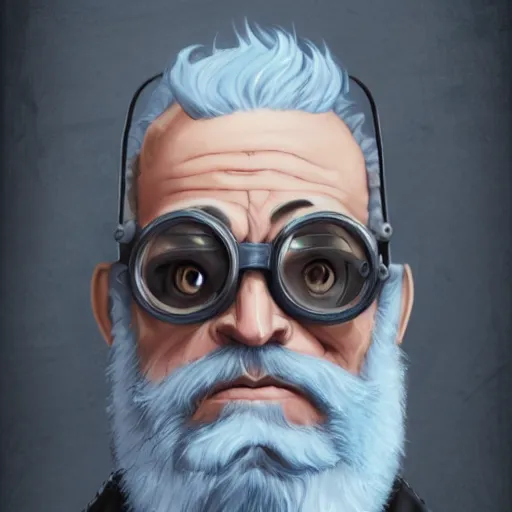 Image similar to a front-facing portrait of an old man with a grey beard and blue hair wearing steampunk goggles, dungeons and dragons character art, highly-detailed illustration, Artstation