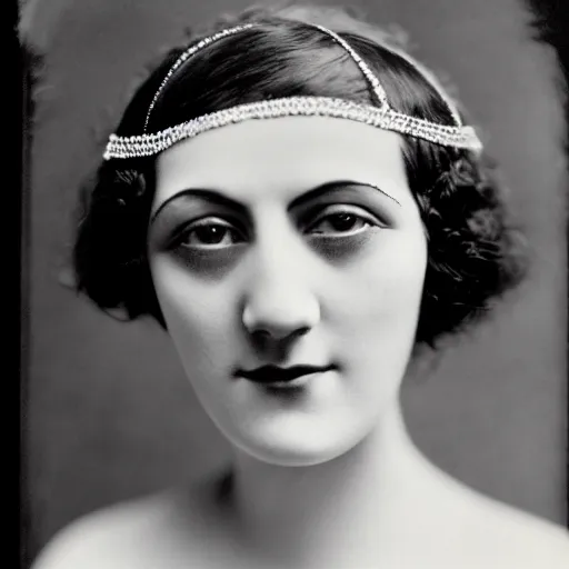 Image similar to photograph of a woman wearing flapper fashion, 1 9 1 0's, looking at the camera, aesthetic, elaborate, intricate, highly detailed, detailed face, photorealism, smooth, sharp focus, rim light, 8 k, art by man ray,