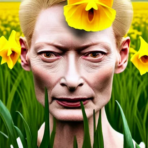 Image similar to medium shot, tilda swinton face fused with daffodil, head covered with leaves, inside the flower, daffodils field, highly detailed, unreal engine, 3 d art, digital art, painting by greg rutkowski