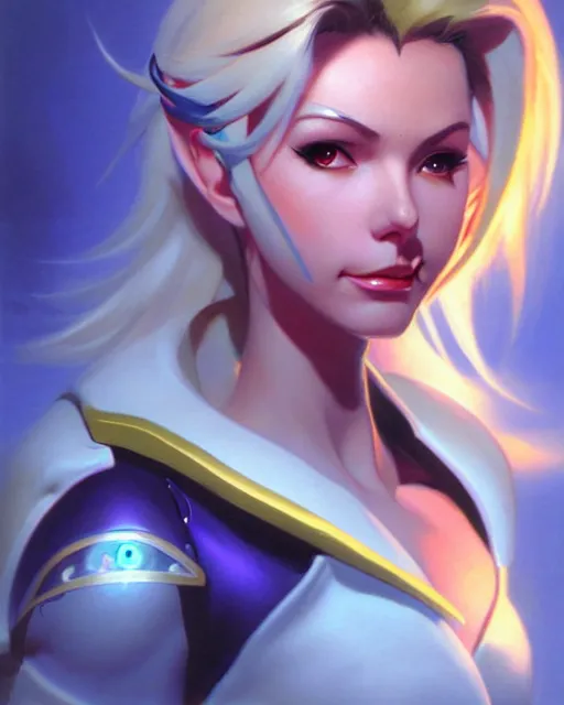 Image similar to mercy from overwatch, character portrait, portrait, close up, vintage fantasy art, vintage sci - fi art, radiant light, caustics, by boris vallejo