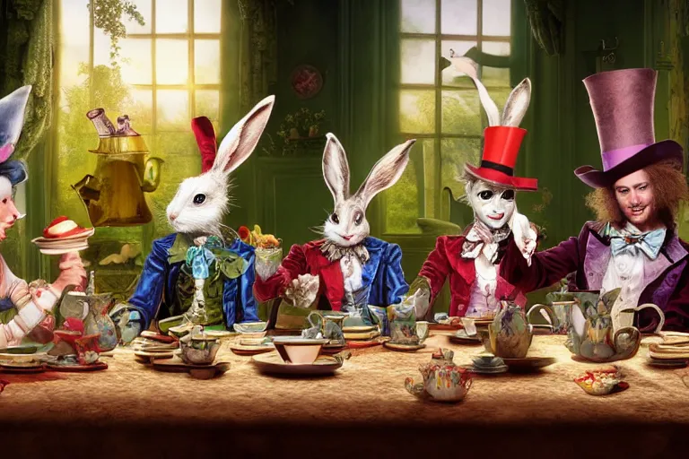 Image similar to Alice , the march hare and the mad hatter , at a long tea table , having a tea party , highly detailed, high quality, concept art, 8k, calm, trending on Artstation