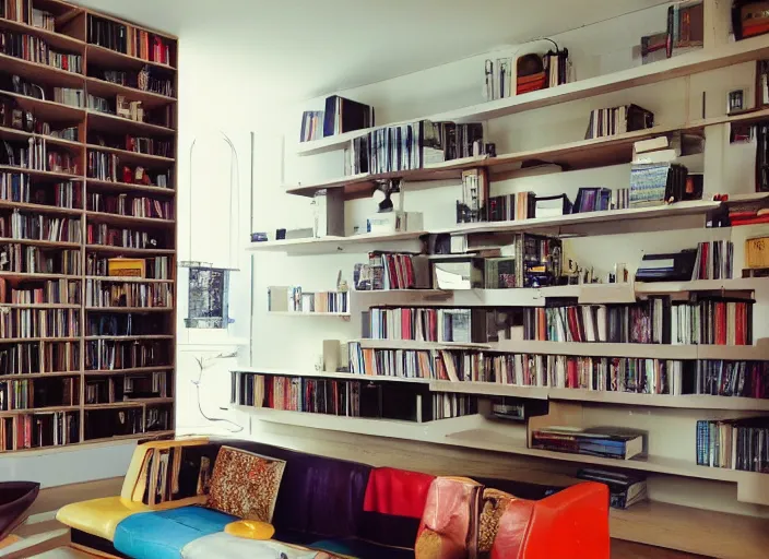 Image similar to retro futuristic apartment, 7 0 s hi fi system, bookshelves, funky furniture, modern art, wabi sabi