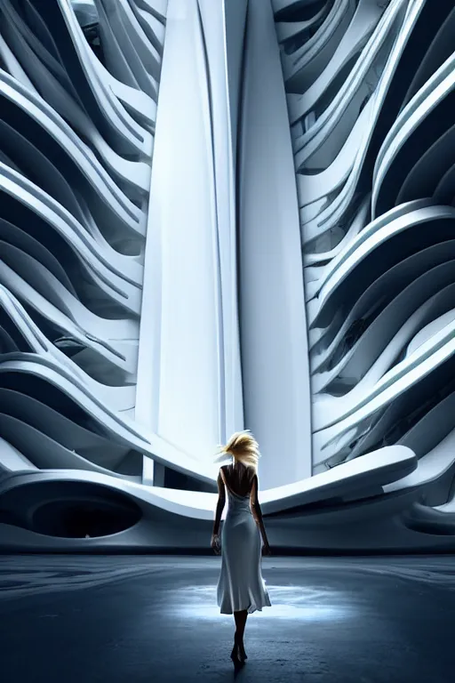 Prompt: a futuristic scene with an log blonde haired woman in a white flowing dress, in front of a zaha hadid building, cinematic matte painting, extreme detail photo quality, dark moody colors, featured on behance