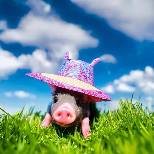 Prompt: a miniature pig wearing a sunhat!!! garden! hyper realistic!! realistic lighting!! wildlife photograph of the year!!! bold natural colors, national geographic, hd, wide angle, 8 k