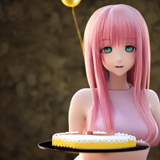 Image similar to Render of a beautiful 3d anime woman holding a birthday cake out to the camera, long light pink hair, full bangs, hazel eyes, cute freckles, full round face, soft smile, Chinese heritage, cute checkerboard sundress, golden hour, serene beach setting, medium shot, mid-shot, hyperdetailed, trending on Artstation, Unreal Engine 4k