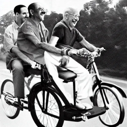 Image similar to joe biden and gandhi drunkenly riding two seater bike together, laughing and joking, photorealistic, detailed