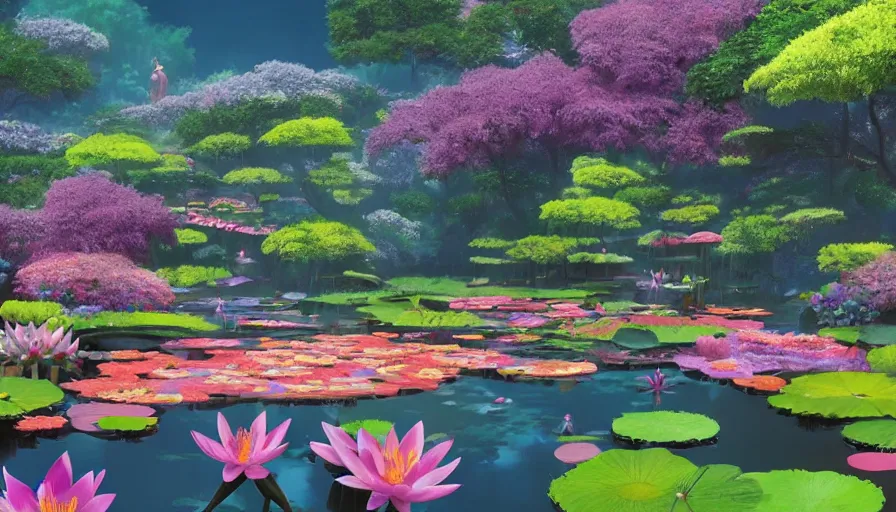 Prompt: A highly detailed matte painting of a beautiful pond covered with vibrant carpet of lilies and lotus flowers by Studio Ghibli, Makoto Shinkai, by Artgerm, by beeple, volumetric lighting, octane render, 4K resolution, trending on artstation, masterpiece