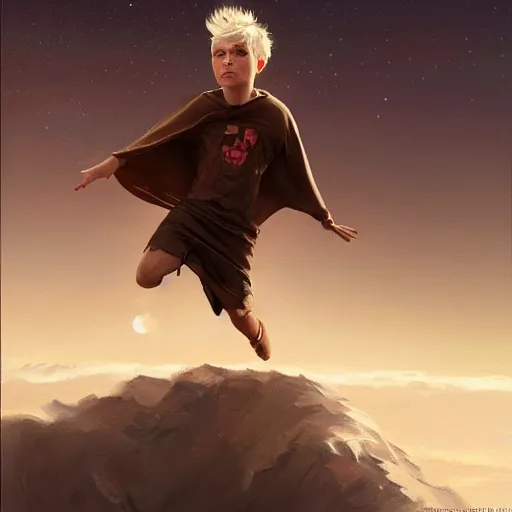 Prompt: blonde boy wearing a brown cape and flying in t pose, space background, realistic, oil painting, brush strokes, greg rutkowski