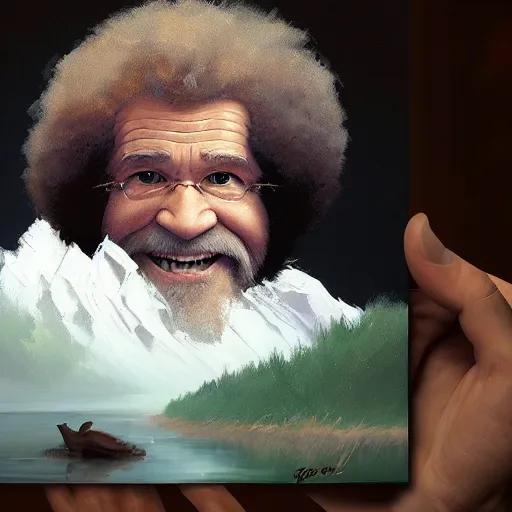 Prompt: Bob Ross throwing away paintings, illustrated by Greg Rutkowski, photorealistic facial features, trending on artstation, 4k, 8k