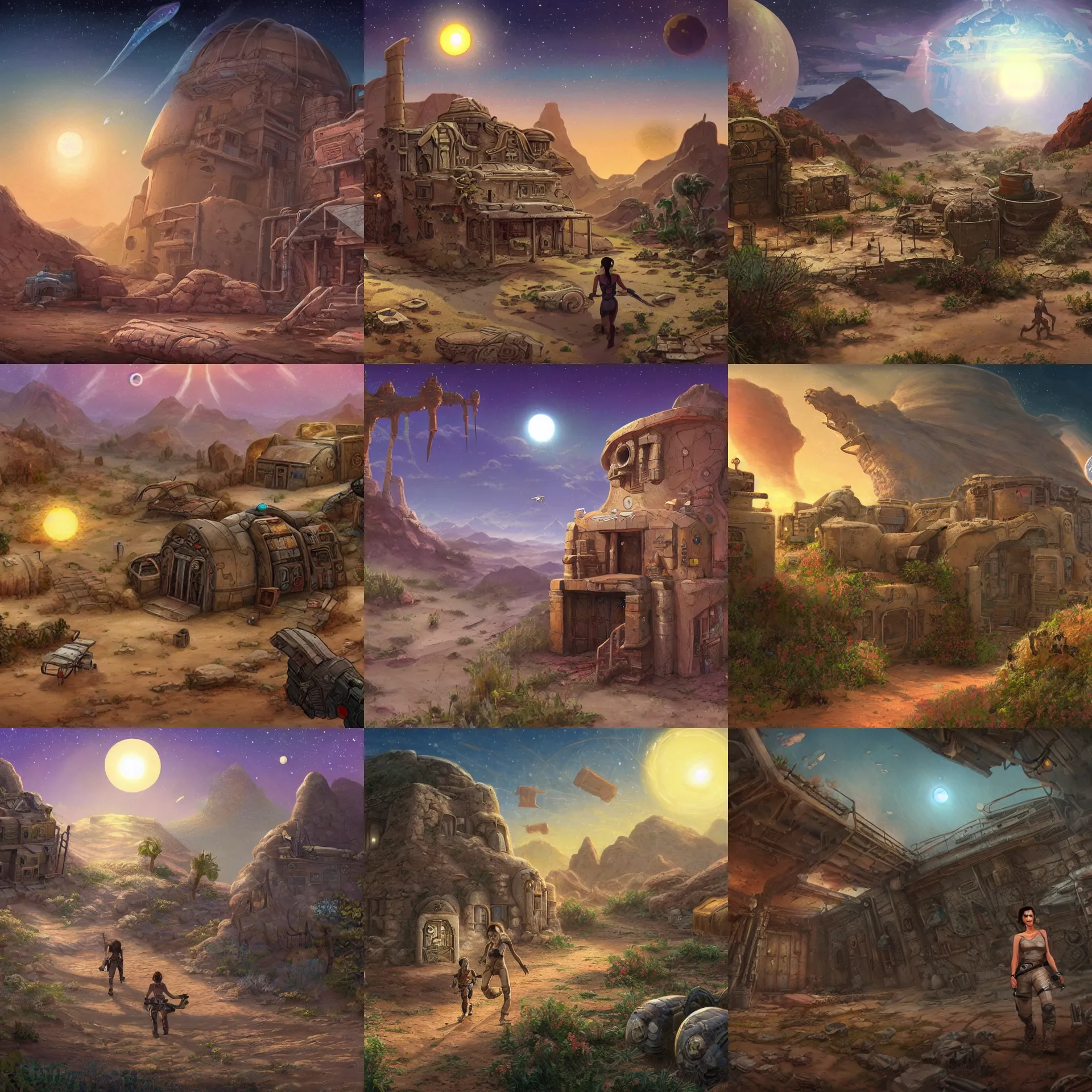 Prompt: in front of an abandoned colony, on a desert planet, from a space themed point and click 2 d graphic adventure game, art inspired by tomb raider and thomas kinkade