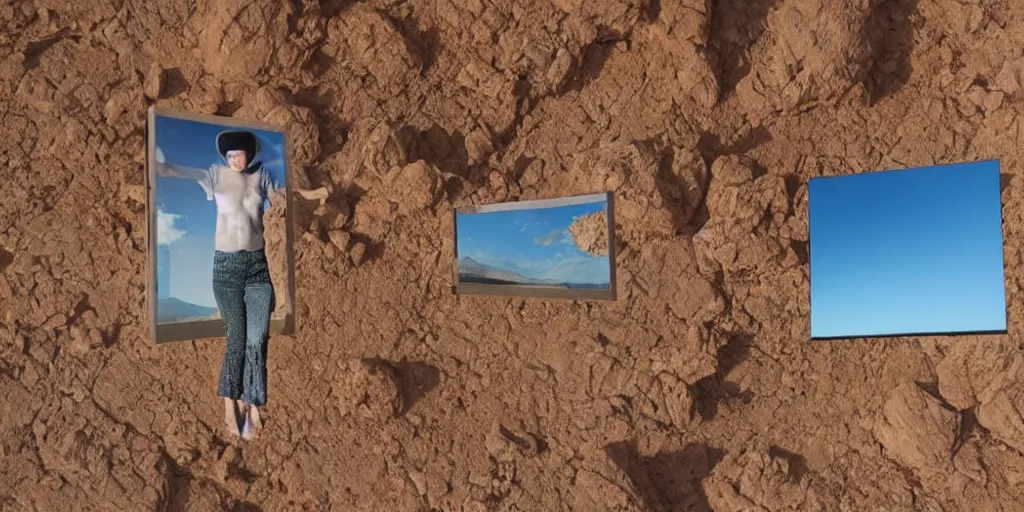 Image similar to levitating woman with full - face golden mask in a dry rocky desert landscape, visible sky and sunny atmosphere, fata morgana and giant square mirrors by alejandro jodorowsky, anamorphic lens, kodakchrome, practical effects, masterpiece, 8 k