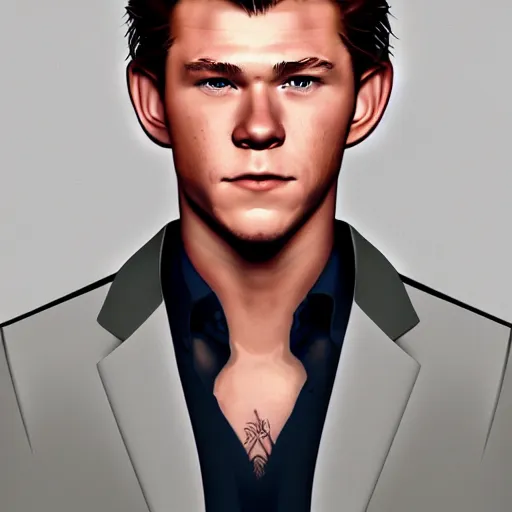 Image similar to Tom Holland and Chris Hemsworth crossbreed, illustrated and rendered by Xie Boli, trending on artstation, 4k, 8k, photorealistic imagery, photorealistic details, intricate, highly detailed