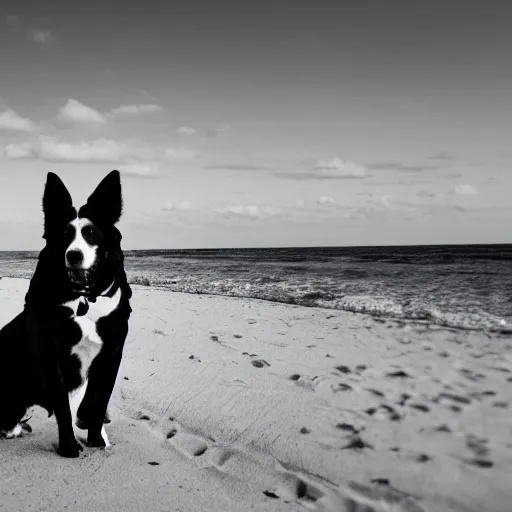 Prompt: black and white photograph of a dog that is a king in the beach