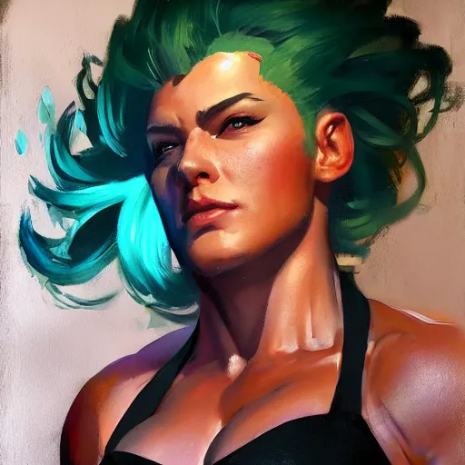 Prompt: greg manchess portrait of zarya from overwatch in disco elysium, fantasy, medium shot, asymmetrical, profile picture, organic painting, sunny day, matte painting, bold shapes, hard edges, street art, trending on artstation, by huang guangjian and gil elvgren and sachin teng