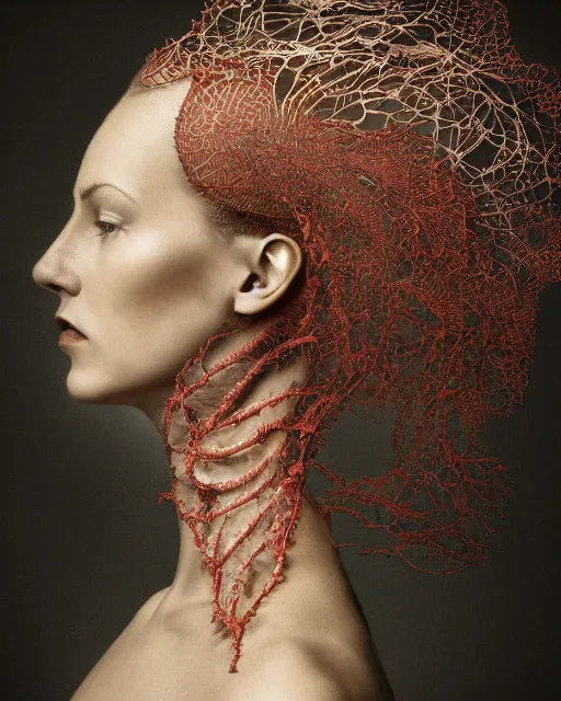 Image similar to a woman's face in profile, hair entwined in a coral reef, made of intricate decorative lace leaf skeleton, in the style of the dutch masters and gregory crewdson, dark and moody