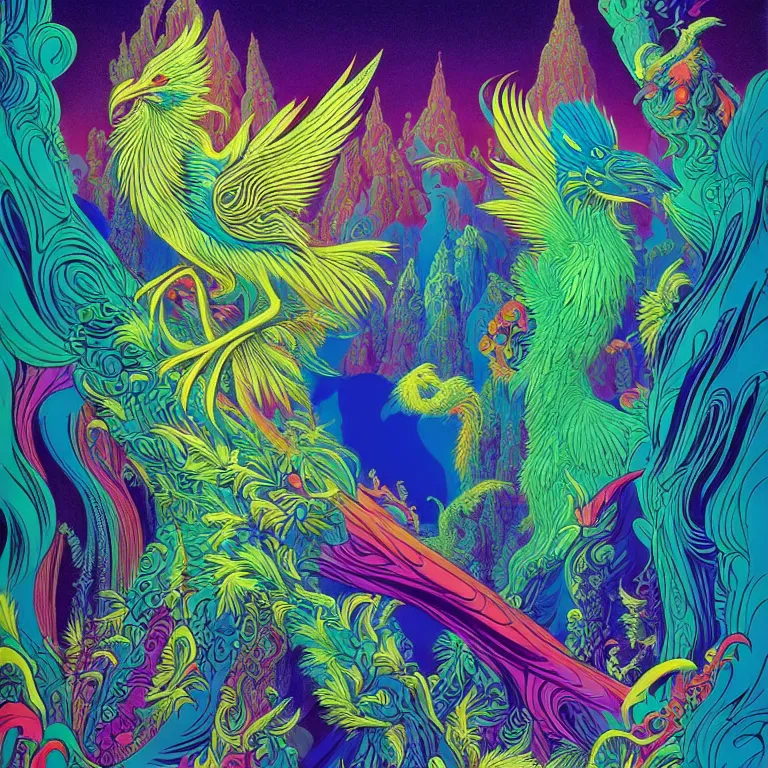 Image similar to mythical bird over infinite fractal volcanoes bright neon colors highly detailed cinematic eyvind earle tim white philippe druillet roger dean lisa frank aubrey beardsley hiroo isono