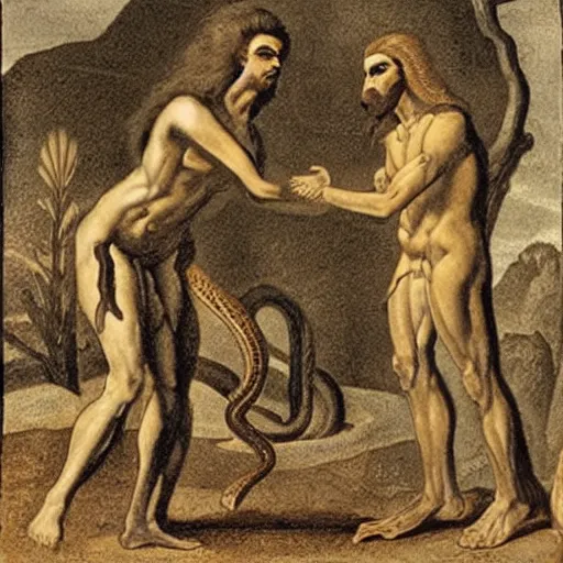 Image similar to adam and eve shaking hands with an anthromorphic snake