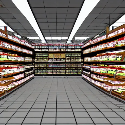 Image similar to four dimensional architectural rendering illustration of non-euclidean geometry grocery store aisle, surrealism optical illusion