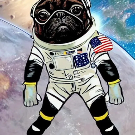 Image similar to hyper realistic, highly detailed, astronaut pug in space.