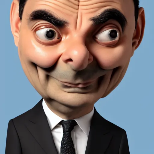 Image similar to Mr Bean in a 3D Animated Mr Bean film animated by Illumination, portrait, photograph, realistic, hyperrealistic, highly detailed, very detailed, extremely detailed, detailed, digital art, trending on artstation