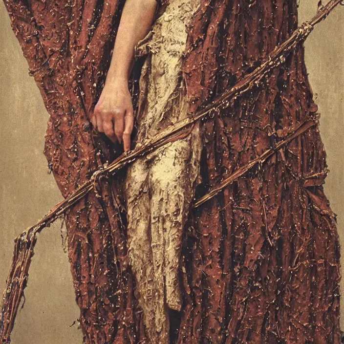 Image similar to a closeup portrait of a woman wearing a cloak made of rusted nails and ribbons, staring at an empty swing, by vincent desiderio, canon eos c 3 0 0, ƒ 1. 8, 3 5 mm, 8 k, medium - format print