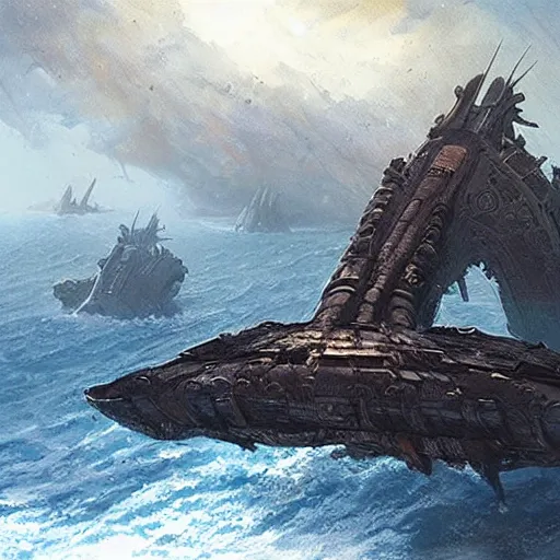 Prompt: An intact ancient alien ship, discovered half-buried in the Caribbean, detailed fantasy art by Greg Rutkowski
