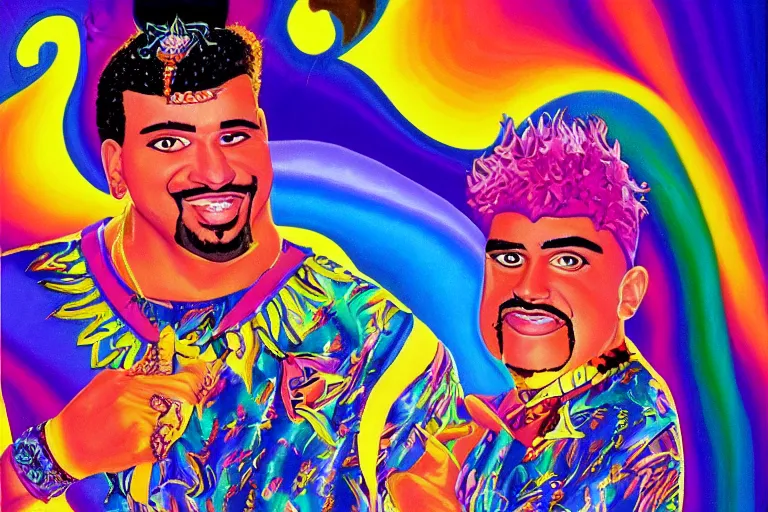 Image similar to lisa frank painting of sinbad at dave & busters 1 9 8 9