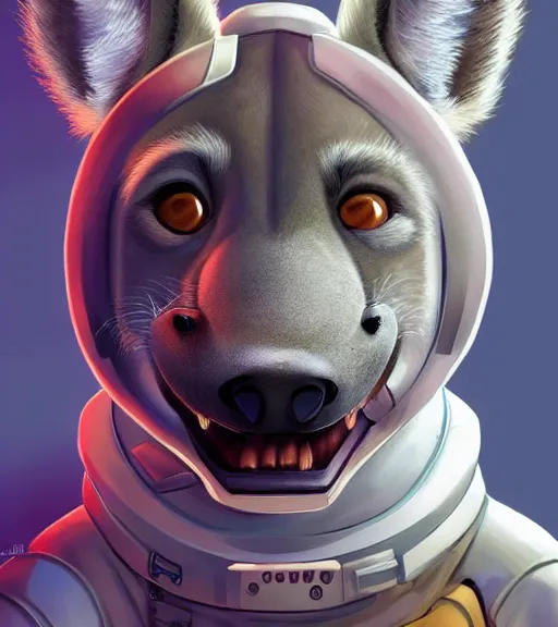 Image similar to digital detailed portrait of anthromorphic female hyena, in style of zootopia, fursona, furry, furaffinity, 4 k, deviantart, wearing astronaut outfit, in style of disney zootopia, floating in space, space background, in deep space, dark background, hyena fursona, cyberpunk, female, detailed face,