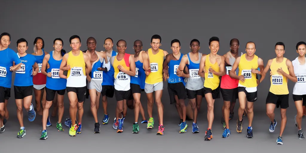 Prompt: Studio Photograph of starting line of many diverse marathon runners. multiple skintones. Warm atmosphere. Beige and black. Frontal. Shot on 30mm Lens. Advertising Campaign. Wide shot. Studio lighting. White background.