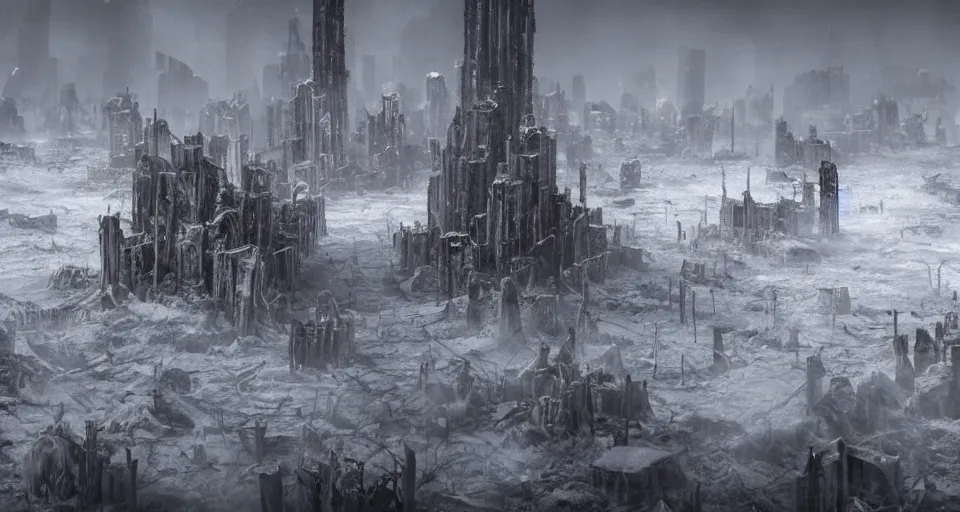 Image similar to a huge city walking on 8 spider legs through a post apocalyptic tundra, fantasy, cinematic