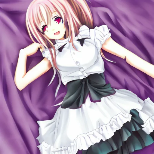 Prompt: anime girl in maids outfit laying in bed, deviantart