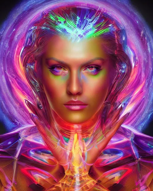 Image similar to a powerful energy psychedelic matrix queen, by alexander fedosav, hyper detailed digital matte painting, concept art, hyperrealism, 1 6 k resolution, cinema 4 d, 8 k resolution, trending on artstation, behance hd, a masterpiece, by stephan martiniere, particles, cel - shaded, power bright neon energy, by david a. hardy,