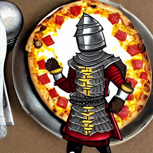 Image similar to adventurer with armor made of pizza,