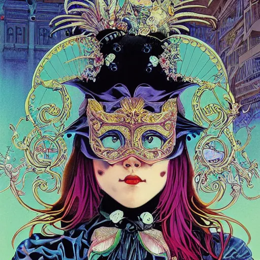 Image similar to portrait of crazy girl wearing venetian mask, symmetrical, by yoichi hatakenaka, masamune shirow, josan gonzales and dan mumford, ayami kojima, takato yamamoto, barclay shaw, karol bak, yukito kishiro