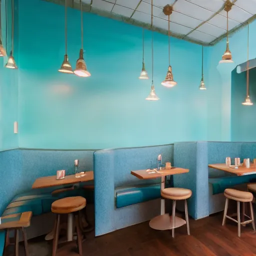 Prompt: photo of a restaurant with light blue walls