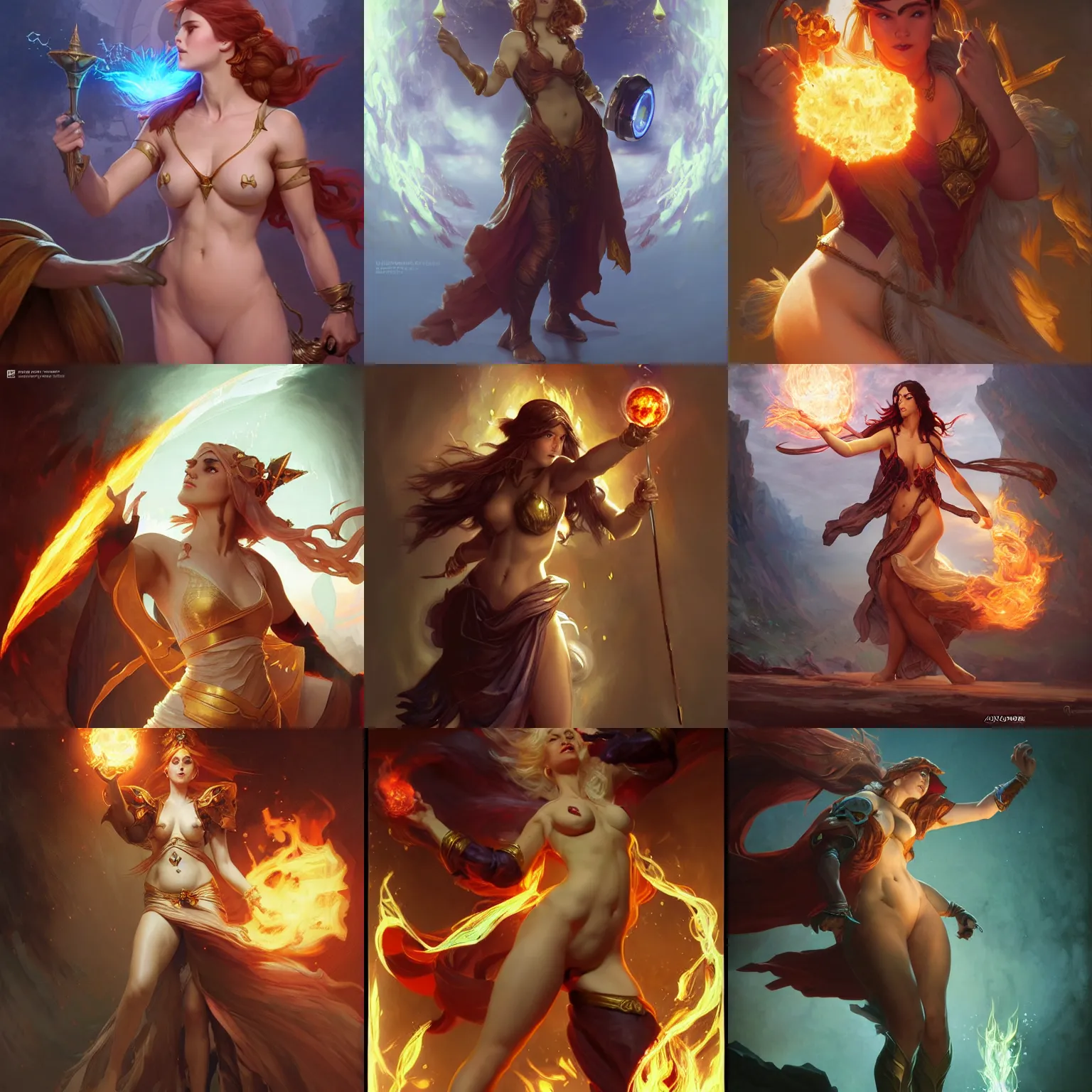 Prompt: The sorceress casting a fire ball, league of legends, strong fat bacchanalian body, highly detailed, digital painting, artstation, concept art, smooth, sharp focus, illustration, ArtStation, art by artgerm and greg rutkowski and alphonse mucha and Edmund Blair Leighton and Charlie Bowater