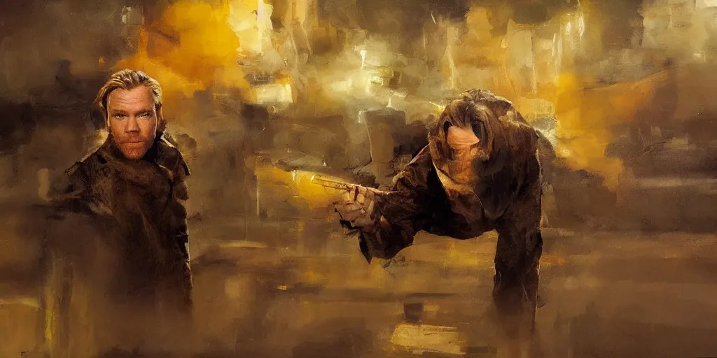 Image similar to we see ewan mcgregor from side. atmospheric feeling, warm colours, brown colours, yellow colours, epic scene, cinematic, very detailed, oil painting