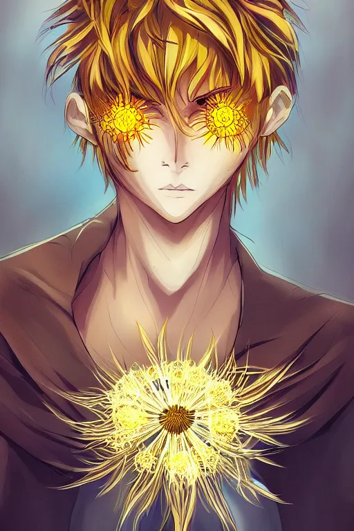 Image similar to amber glowing luminescent dandelion male anime character, symmetrical, highly detailed, digital art, sharp focus, trending on art station, amber eyes, autumnal colours