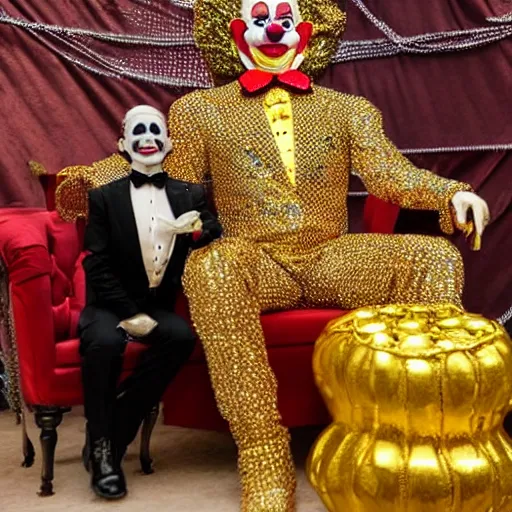 Image similar to shining throne made of millions of diamonds, gold and zaphires with thousands of light reflections, and a clown on a tuxedo suit is sitting on the throne while handing a golden balloon, dramatic light