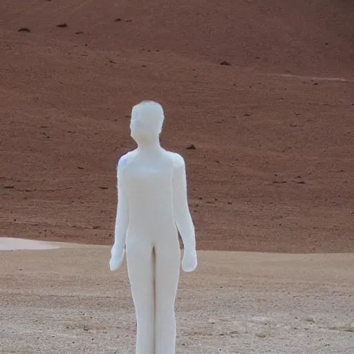 Image similar to a woman made of salt, standing in the desert