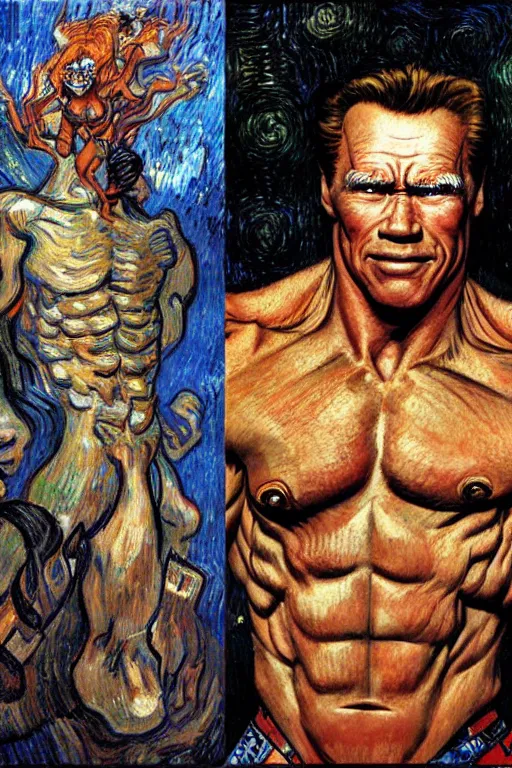 Prompt: character art the contra, bill rizer, arnold schwarzenegger, by karol bak, jean deville, gustav klimt, and vincent van gogh, trickster, enigma, destiny, inspiration, muse, otherworldly, arcane, spirals