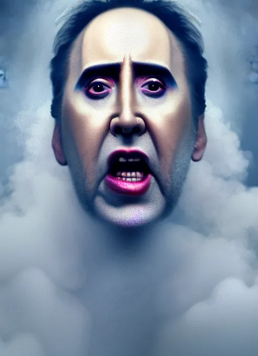 Image similar to an ethereal, misty portrait of a screaming nicolas cage whose face is accented with iridescent makeup. the makeup floats off his face and joins swirling clouds of smoke and fog, becoming the declaration of independence. muted tones. surreal portrait, cinematic lighting, 8 k, smooth, sharp focus, digital painting, rendered in octane, painted by tom bagshaw, artgerm