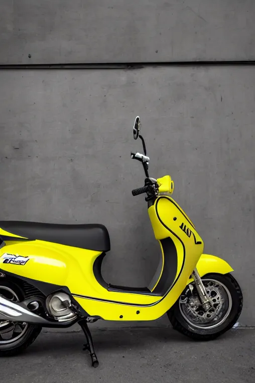 Image similar to scooter tuning with yellow, carbon and white paintjob, race track background, midday, 8 0 ccm malossi engine, yoshimura exhaust, carbon fiber body, race slick tires, custom scooter, dslr, 8 5 mm, f / 1. 3