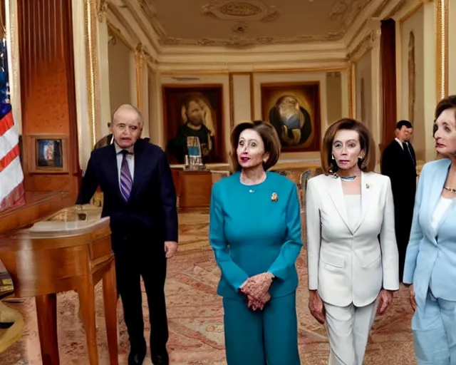 Image similar to nancy pelosi looks at natalya poklonskaya, nancy and natalya are in the bishkek center