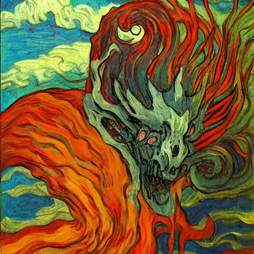 Image similar to whimsical silly painting of a terrifying demon, in the style of studio ghibli and moebius and claude monet and vincent van gogh