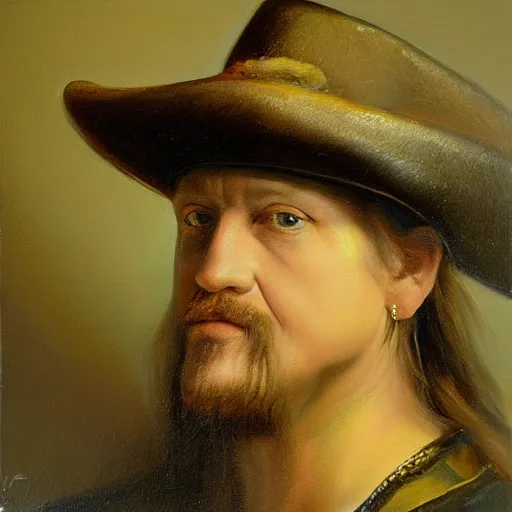 Prompt: oil painting portrait of kid rock, by rembrandt