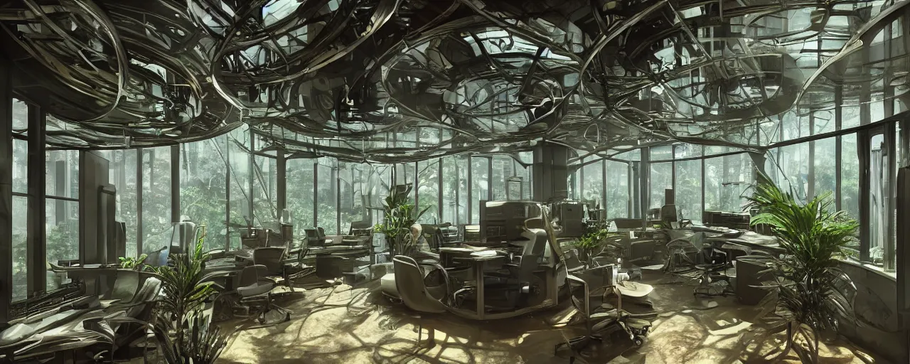 Prompt: a futuristic steampunk science office, inside a building built in the middle of a lush tropical rainforest, lush forest outside of the window, cinematic back lit lighting, realistic, detailed, canon 50mm lens,