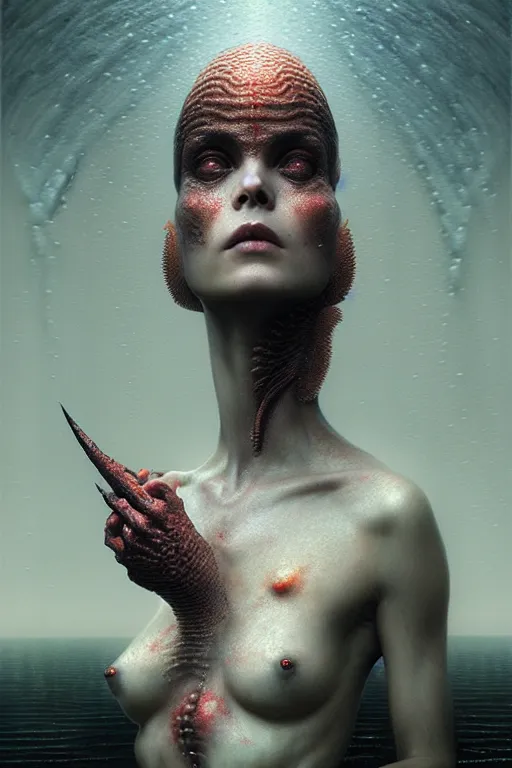 Prompt: gorgeous! lilith the mother of all monsters siren, raining ash, fine art masterpiece, highly detailed dino valls wayne barlowe machiej kuciara, dramatic lighting, long shot, wide angle, uhd 8 k, sharp focus